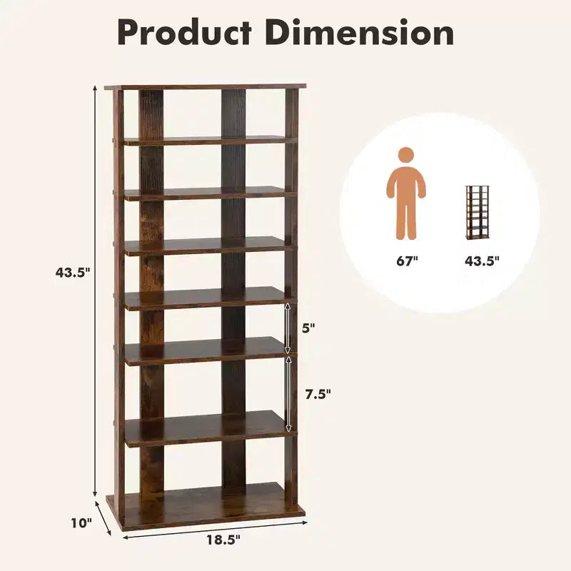 7-Tier Double Row Vertical Wooden Shoe Rack – Rustic White/Brown, Patented Storage Organizer