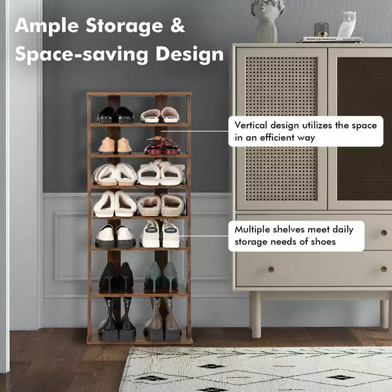 7-Tier Double Row Vertical Wooden Shoe Rack – Rustic White/Brown, Patented Storage Organizer