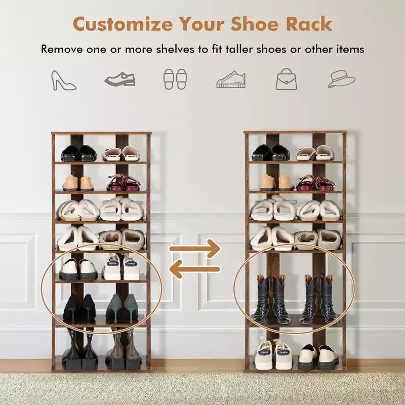 7-Tier Double Row Vertical Wooden Shoe Rack – Rustic White/Brown, Patented Storage Organizer