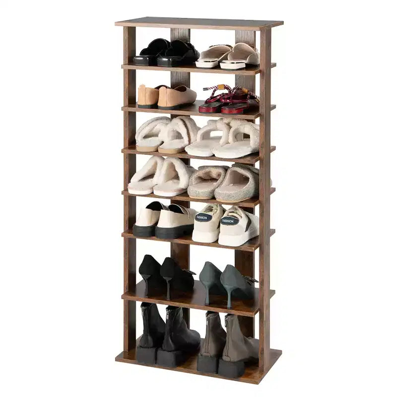 7-Tier Double Row Vertical Wooden Shoe Rack – Rustic White/Brown, Patented Storage Organizer