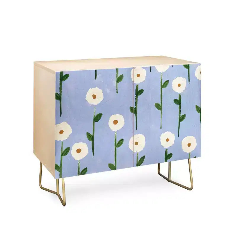 Cute Little Flowers Gold Legged Credenza – Floral Print, Modern Storage Cabinet