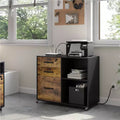 3-Drawer Vintage File Cabinet – Socket & USB Charging Port, Black/Rustic Brown