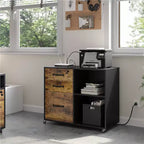 3-Drawer Vintage File Cabinet – Socket & USB Charging Port, Black/Rustic Brown