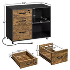 3-Drawer Vintage File Cabinet – Socket & USB Charging Port, Black/Rustic Brown