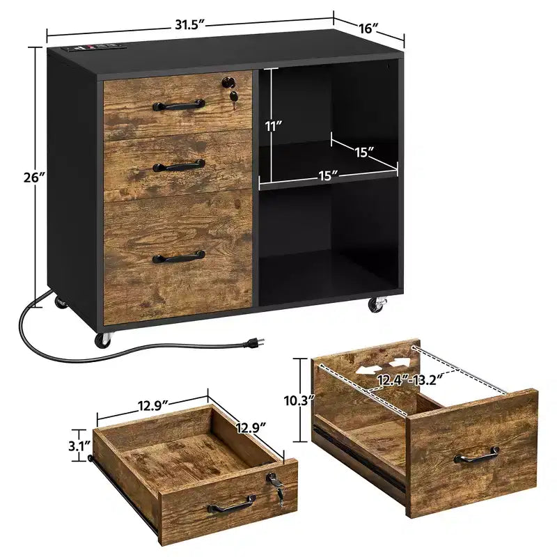 3-Drawer Vintage File Cabinet – Socket & USB Charging Port, Black/Rustic Brown