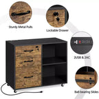 3-Drawer Vintage File Cabinet – Socket & USB Charging Port, Black/Rustic Brown