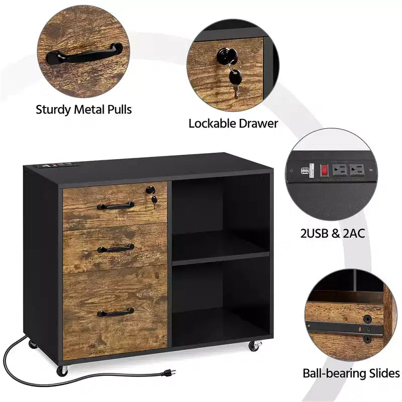 3-Drawer Vintage File Cabinet – Socket & USB Charging Port, Black/Rustic Brown