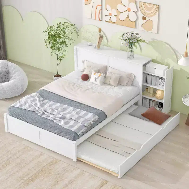 Storage Platform Bed – Pull-Out Shelves, Twin Size Trundle Bed, Modern Design