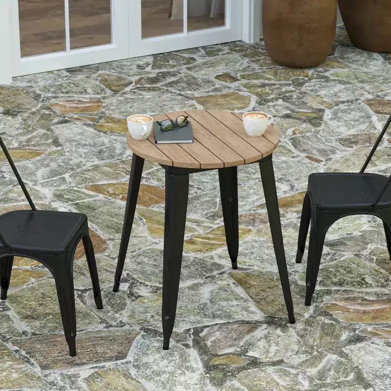 Indoor/Outdoor Round Dining Table – All-Weather Poly Resin Top, Steel Base