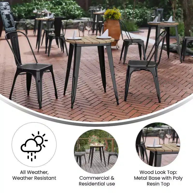 Indoor/Outdoor Round Dining Table – All-Weather Poly Resin Top, Steel Base