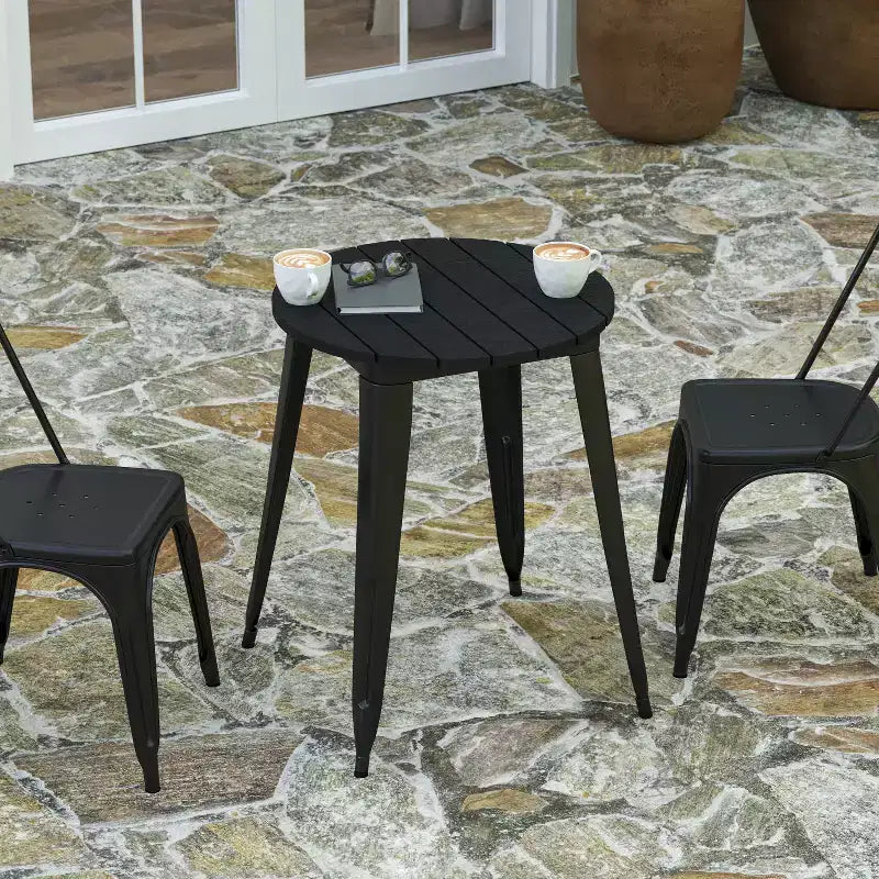 Indoor/Outdoor Round Dining Table – All-Weather Poly Resin Top, Steel Base