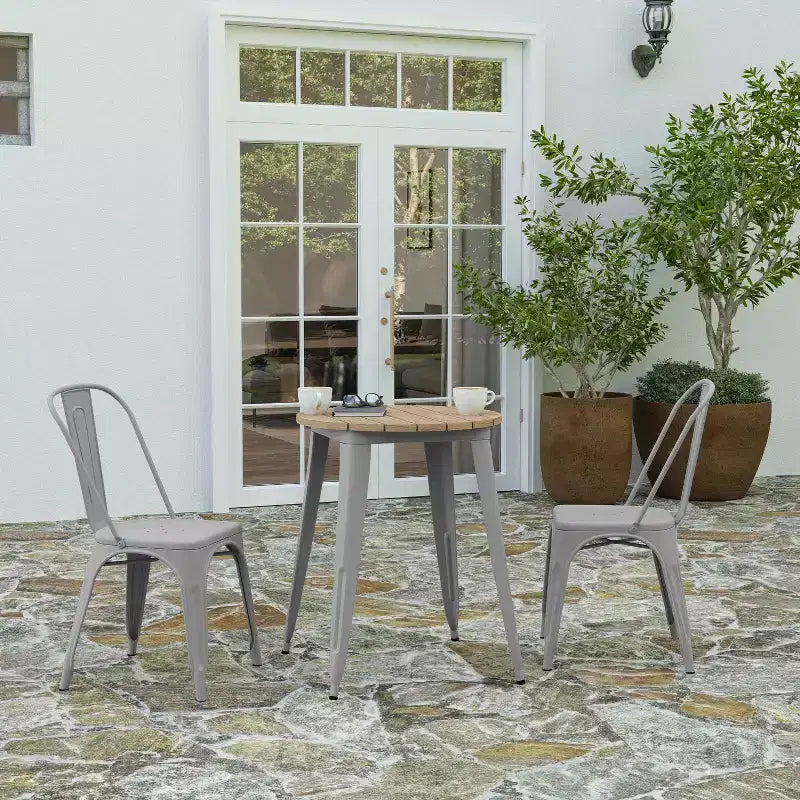 Indoor/Outdoor Round Dining Table – All-Weather Poly Resin Top, Steel Base