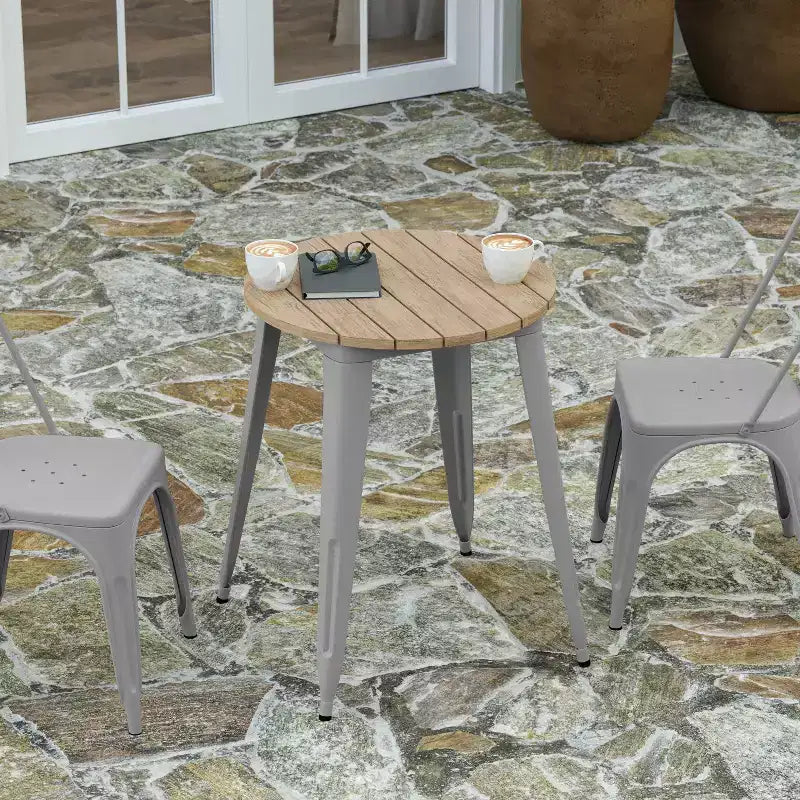 Indoor/Outdoor Round Dining Table – All-Weather Poly Resin Top, Steel Base