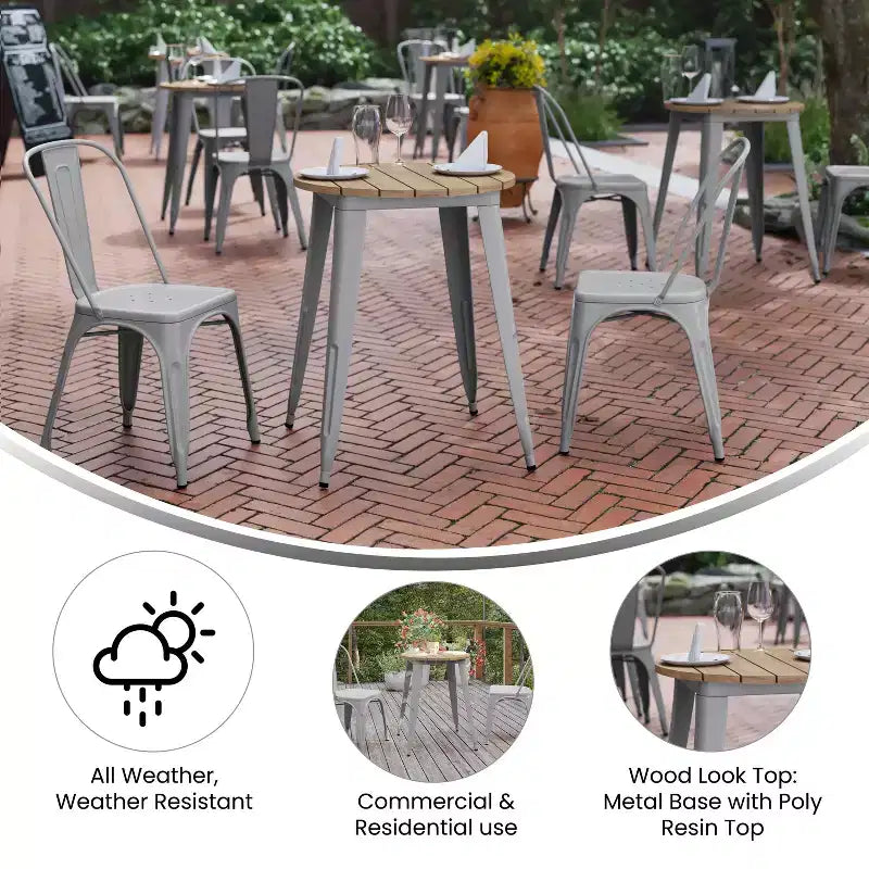 Indoor/Outdoor Round Dining Table – All-Weather Poly Resin Top, Steel Base