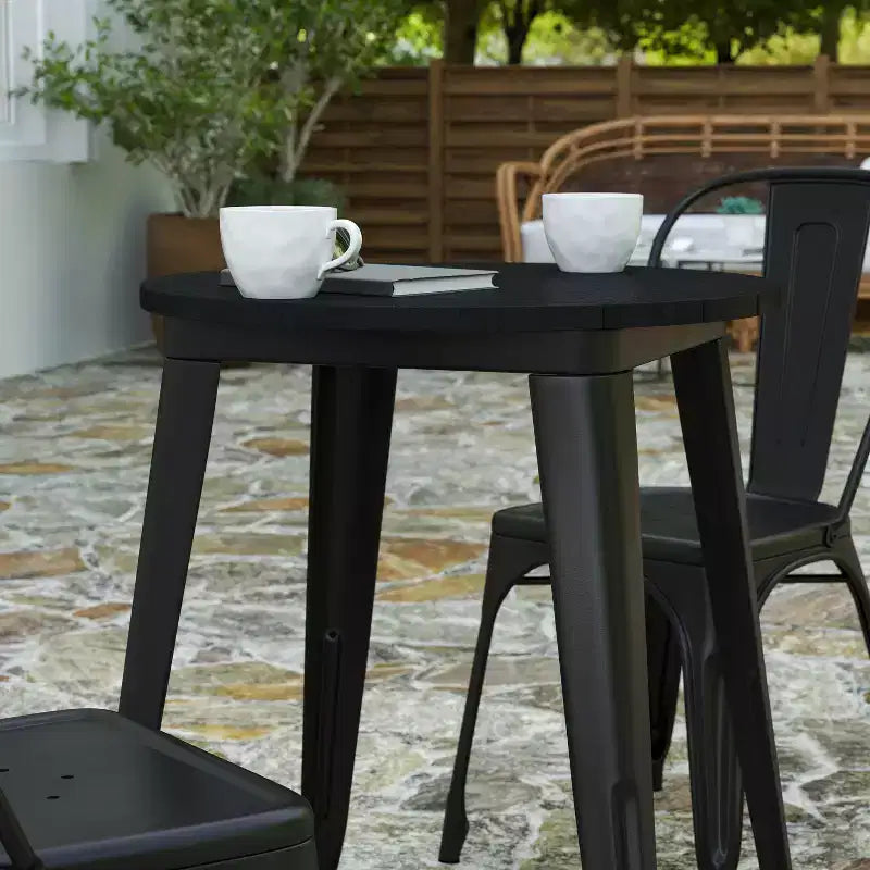 Indoor/Outdoor Round Dining Table – All-Weather Poly Resin Top, Steel Base
