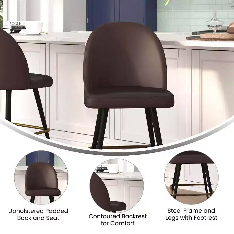 Modern Upholstered Dining Stools – Contoured Backs, Powder Coated Steel Legs, Set of 2