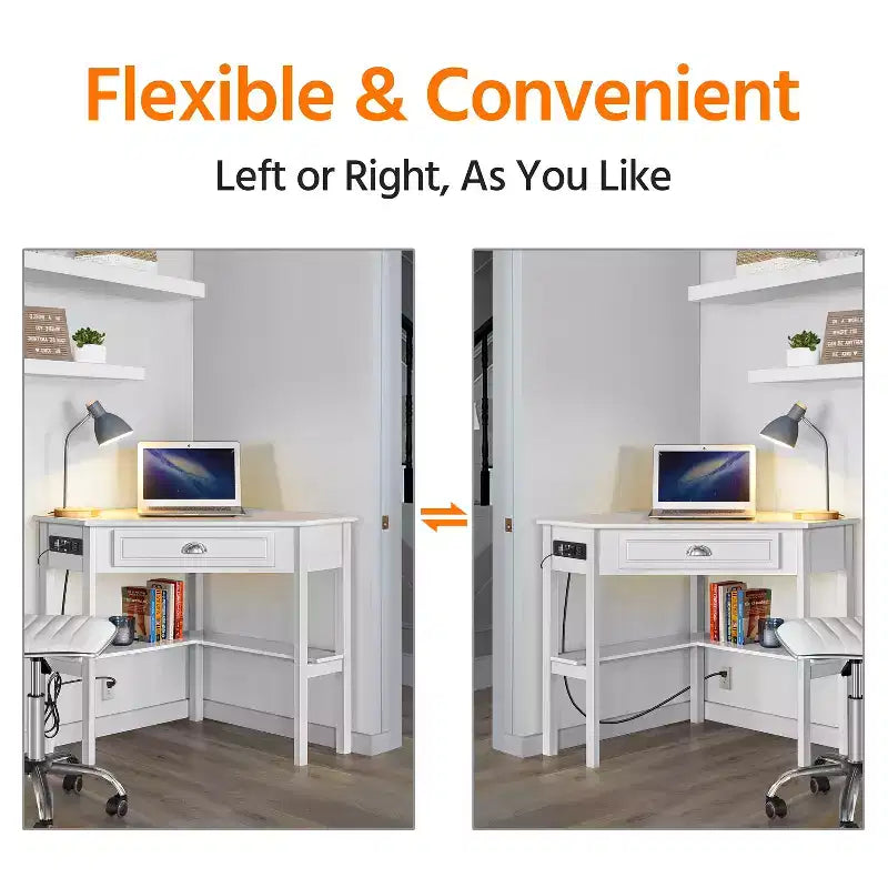 Corner Computer Desk Workstation – Built-in Power Outlet, Home Office & Gaming