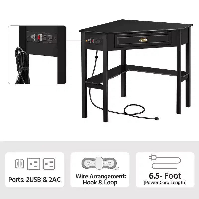 Corner Computer Desk Workstation – Built-in Power Outlet, Home Office & Gaming