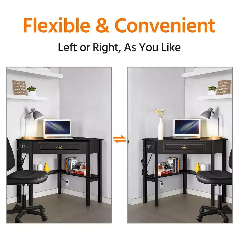 Corner Computer Desk Workstation – Built-in Power Outlet, Home Office & Gaming