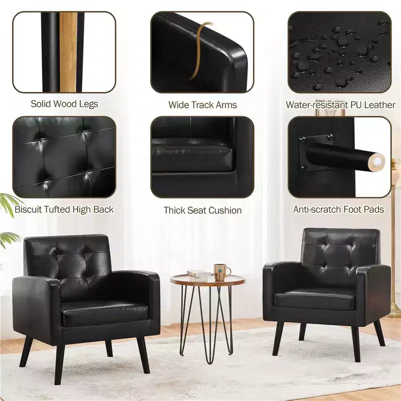 Modern Armchair Accent Chair – Faux Leather Tufted, Solid Wood Legs