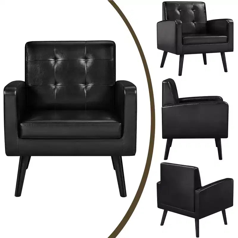 Modern Armchair Accent Chair – Faux Leather Tufted, Solid Wood Legs