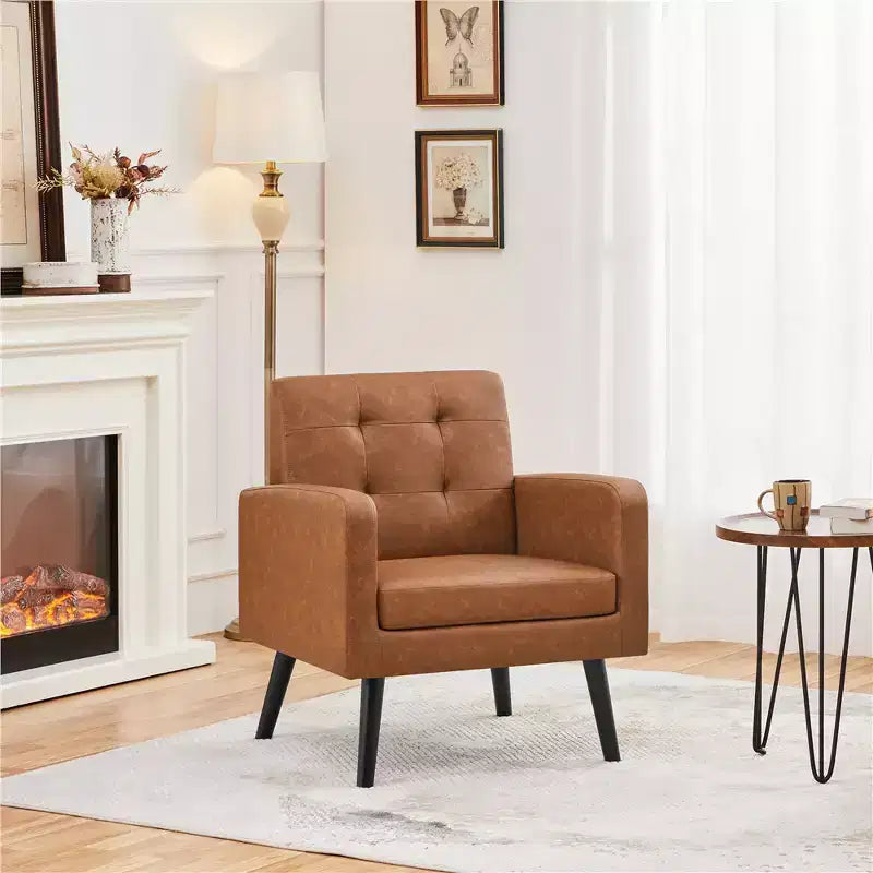 Modern Armchair Accent Chair – Faux Leather Tufted, Solid Wood Legs