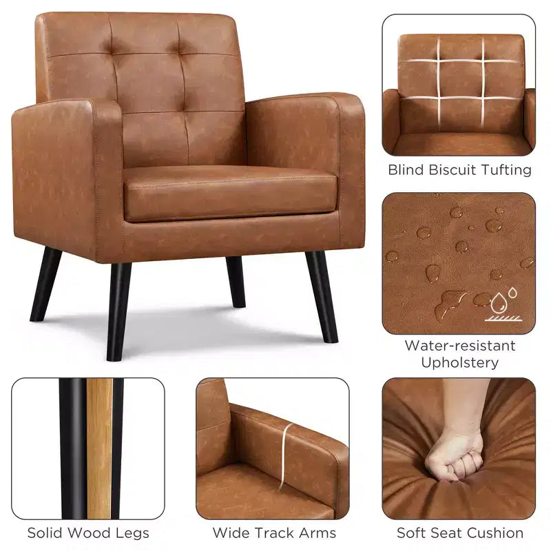 Modern Armchair Accent Chair – Faux Leather Tufted, Solid Wood Legs