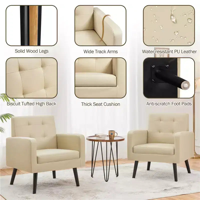 Modern Armchair Accent Chair – Faux Leather Tufted, Solid Wood Legs
