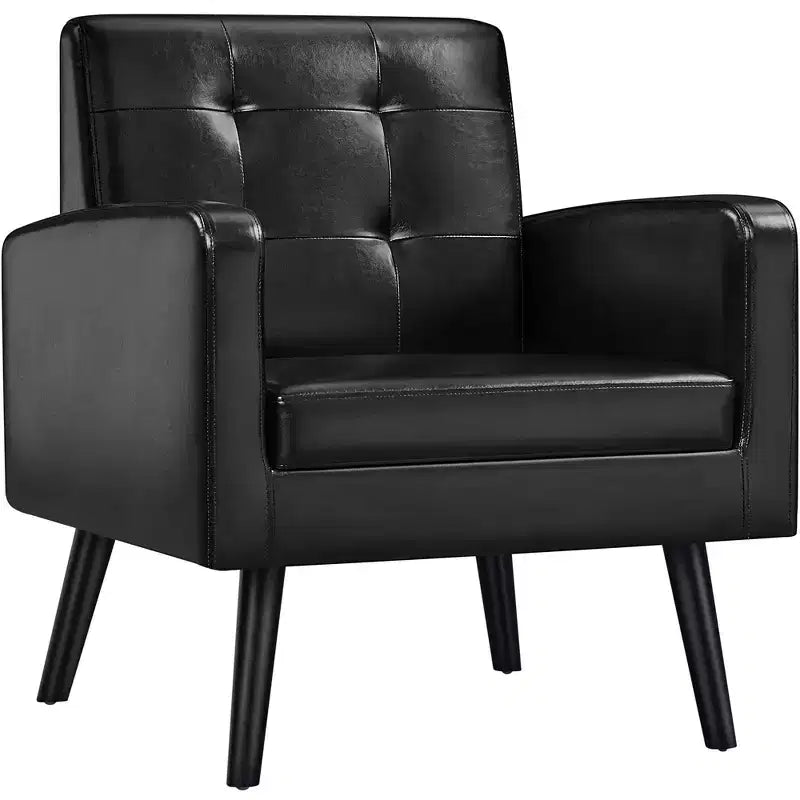 Modern Armchair Accent Chair – Faux Leather Tufted, Solid Wood Legs