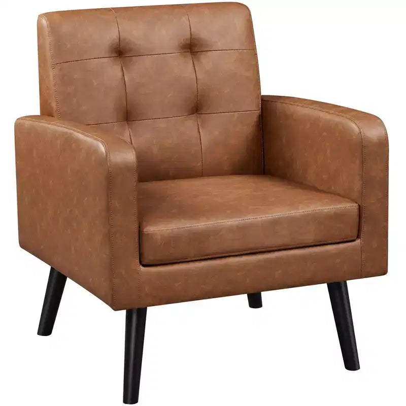 Modern Armchair Accent Chair – Faux Leather Tufted, Solid Wood Legs